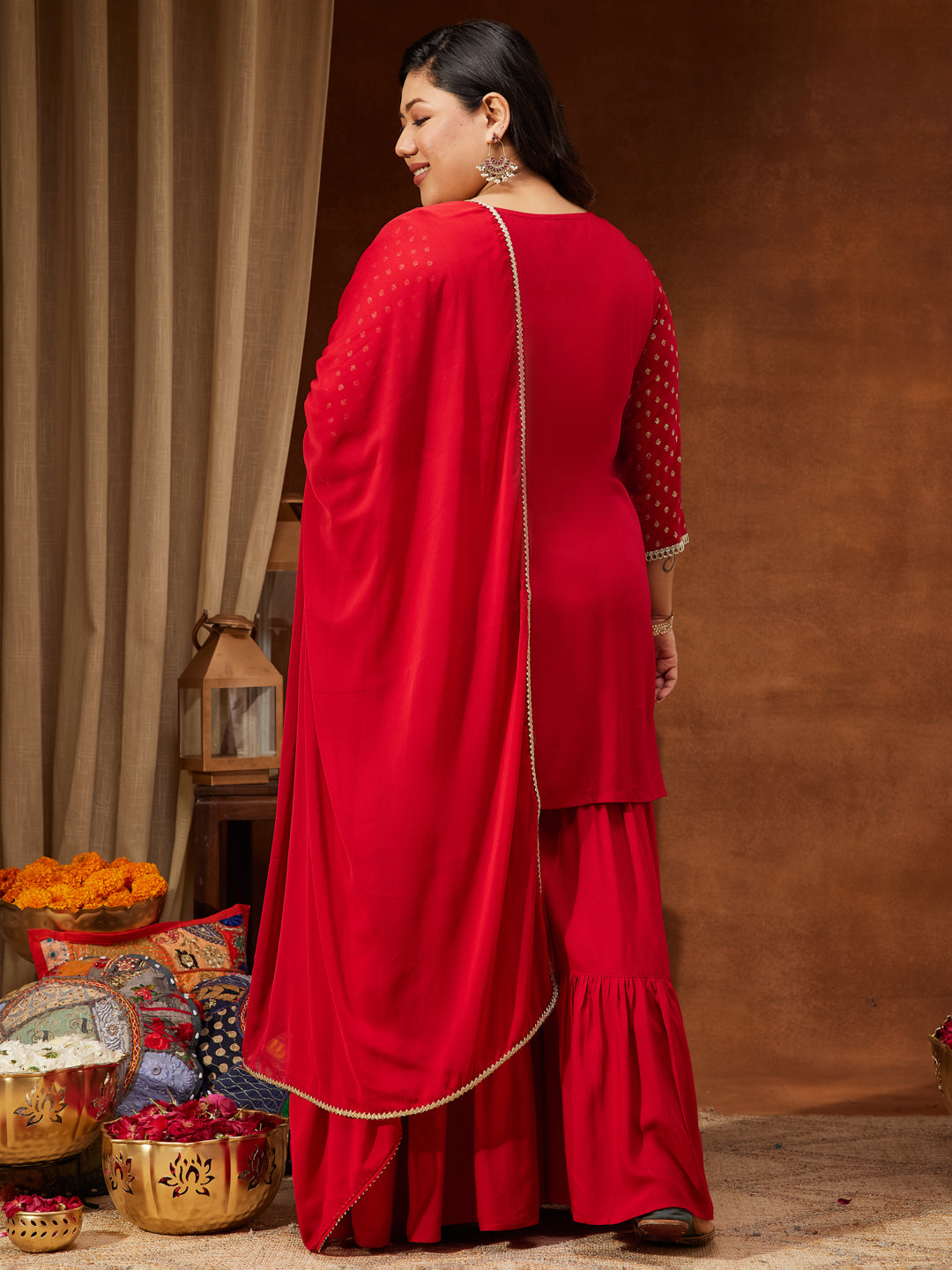 Women's Red Rayon Embellished Gold Printed A-line Kurta With Sharara & Dupatta Set