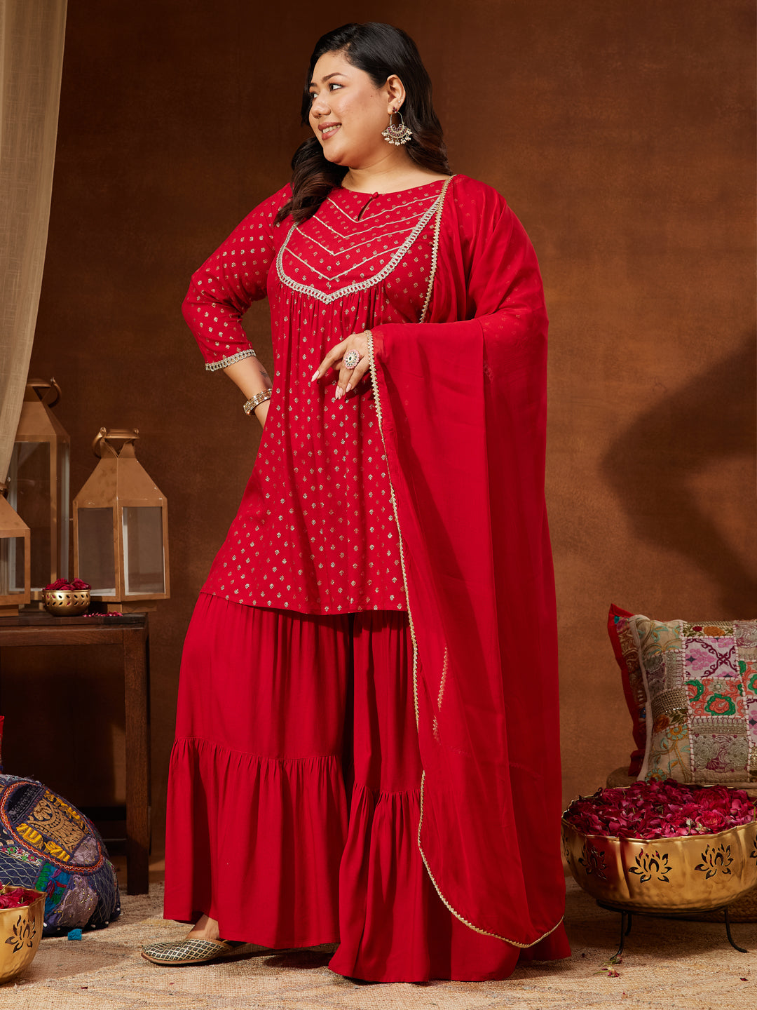 Women's Red Rayon Embellished Gold Printed A-line Kurta With Sharara & Dupatta Set