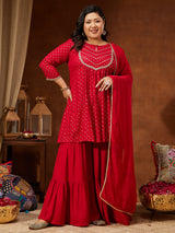 Women's Red Rayon Embellished Gold Printed A-line Kurta With Sharara & Dupatta Set