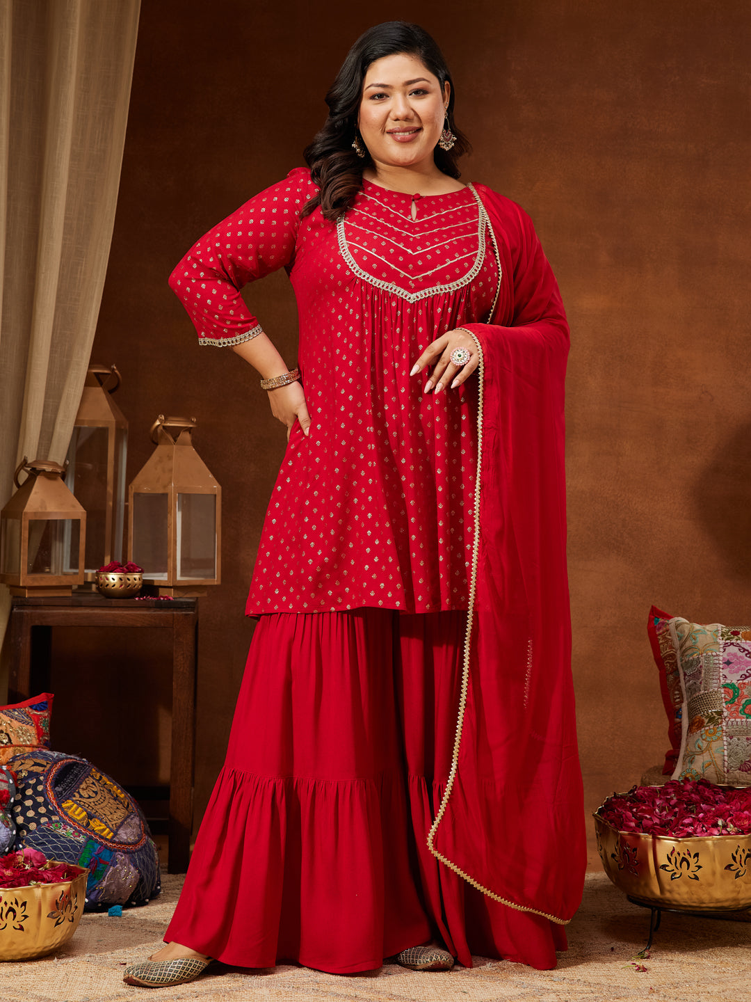 Women's Red Rayon Embellished Gold Printed A-line Kurta With Sharara & Dupatta Set