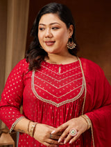Women's Red Rayon Embellished Gold Printed A-line Kurta With Sharara & Dupatta Set