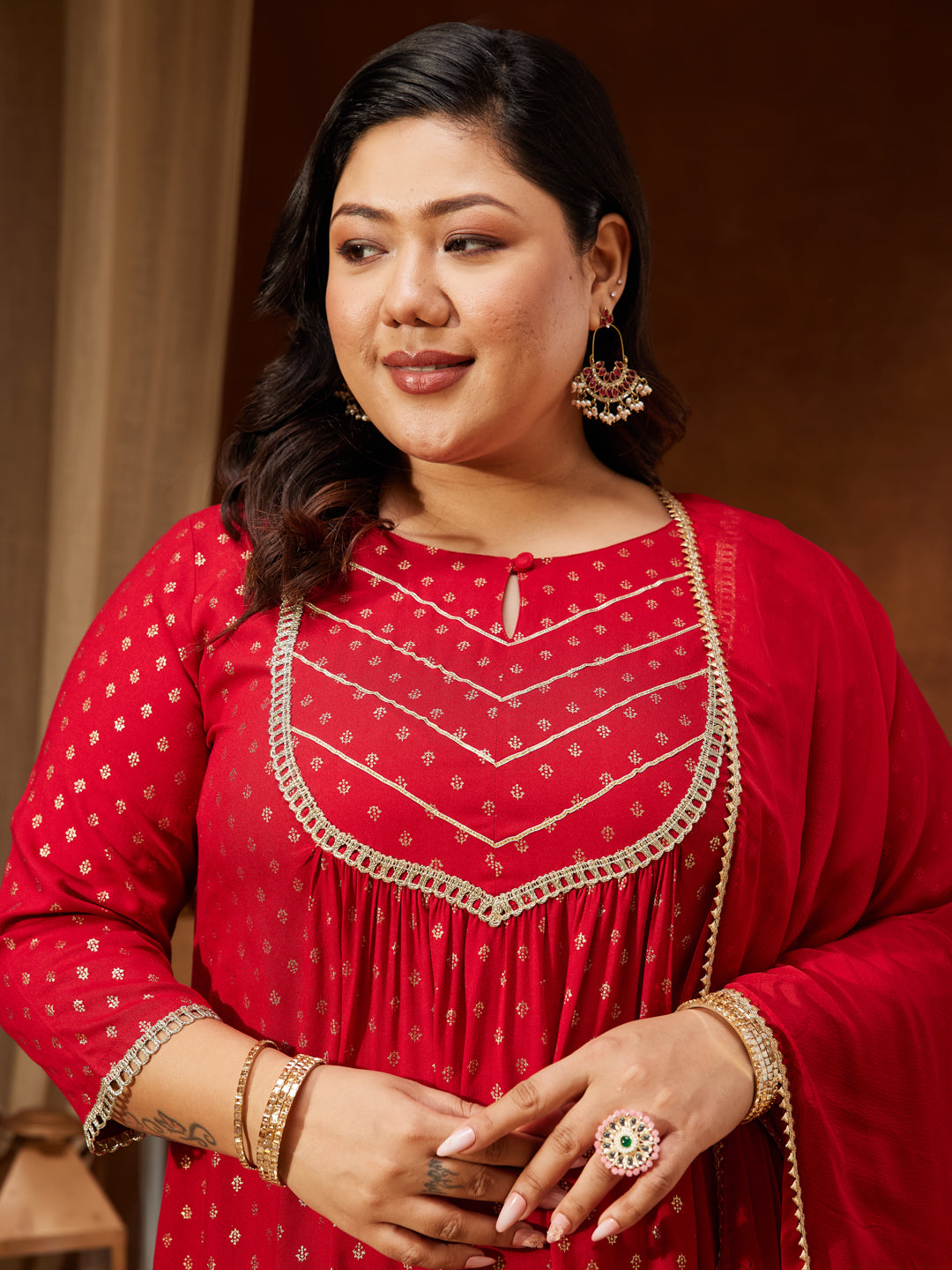 Women's Red Rayon Embellished Gold Printed A-line Kurta With Sharara & Dupatta Set