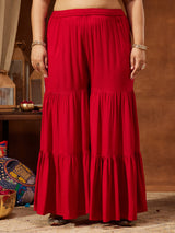 Women's Red Rayon Embellished Gold Printed A-line Kurta With Sharara & Dupatta Set