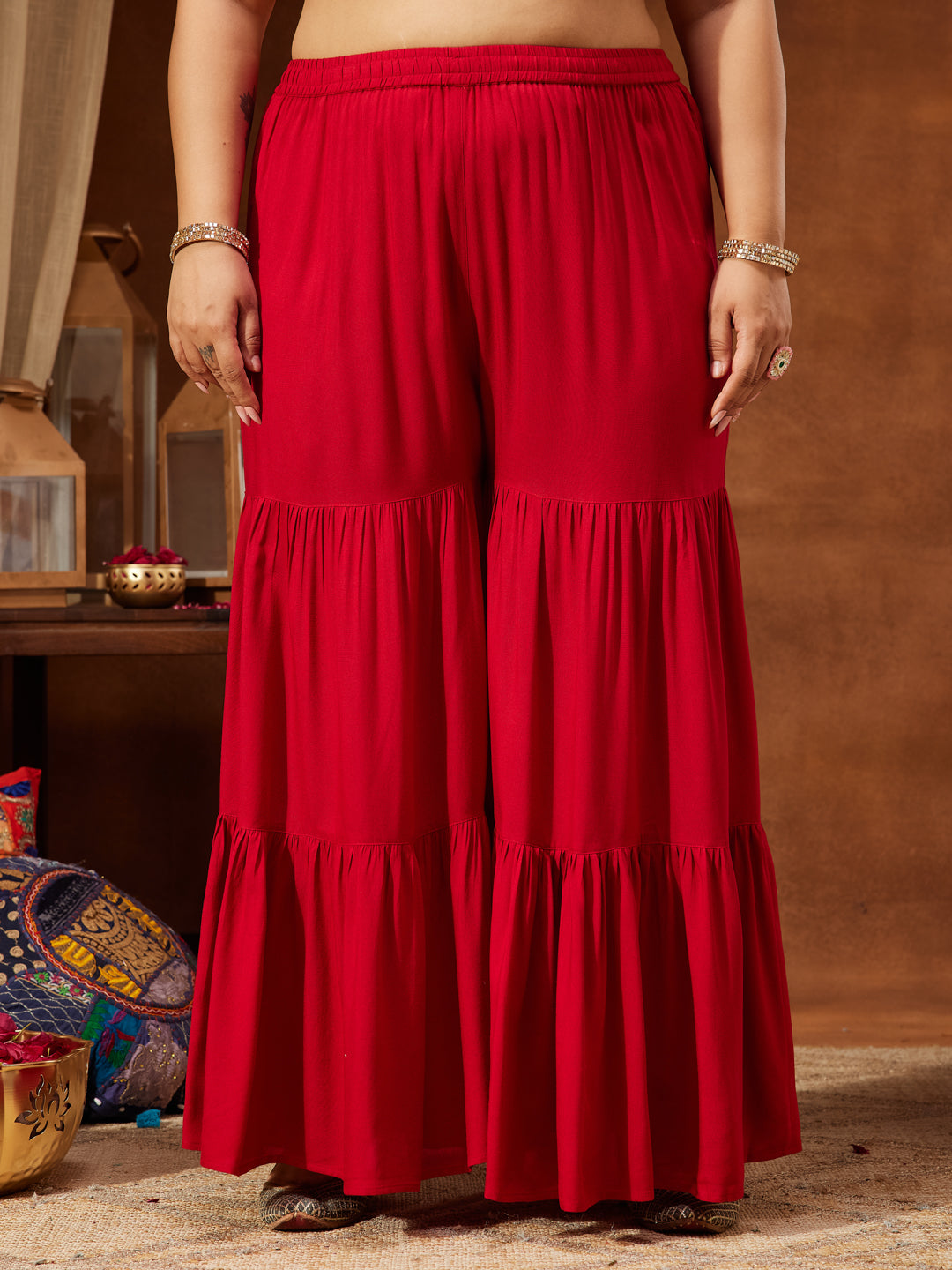 Women's Red Rayon Embellished Gold Printed A-line Kurta With Sharara & Dupatta Set