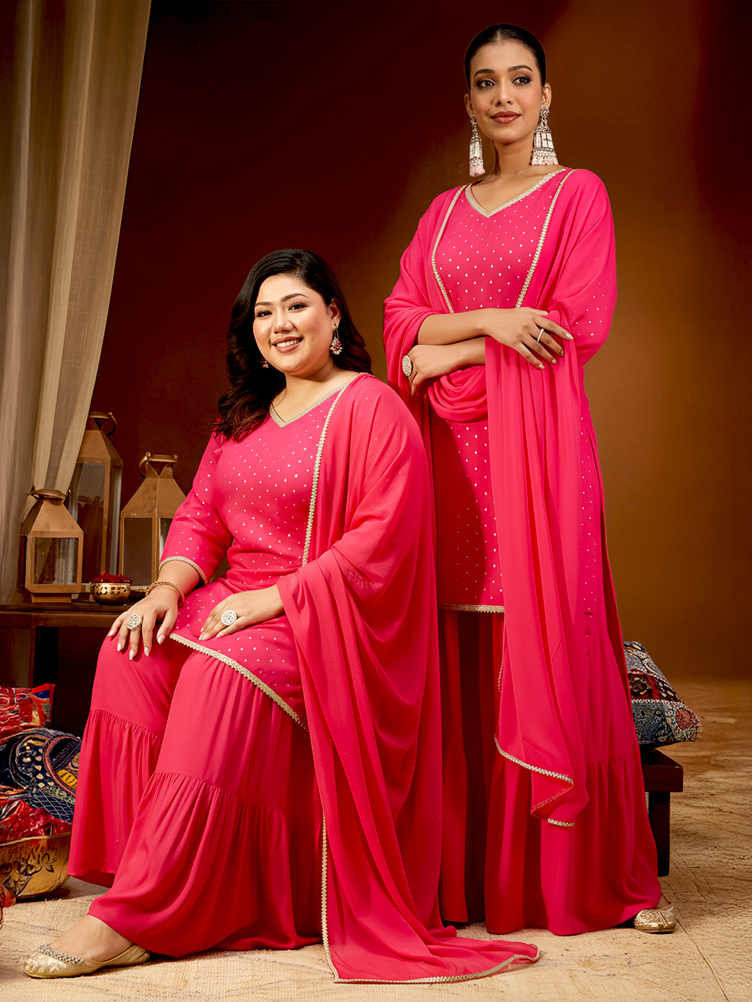 Women's Plus Size Pink Rayon Embellished Gold Printed Straight Kurta With Sharara & Dupatta Set