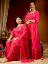 Women's Pink Rayon Embellished Gold Printed Straight Kurta With Sharara & Dupatta Set