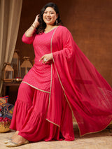 Women's Plus Size Pink Rayon Embellished Gold Printed Straight Kurta With Sharara & Dupatta Set