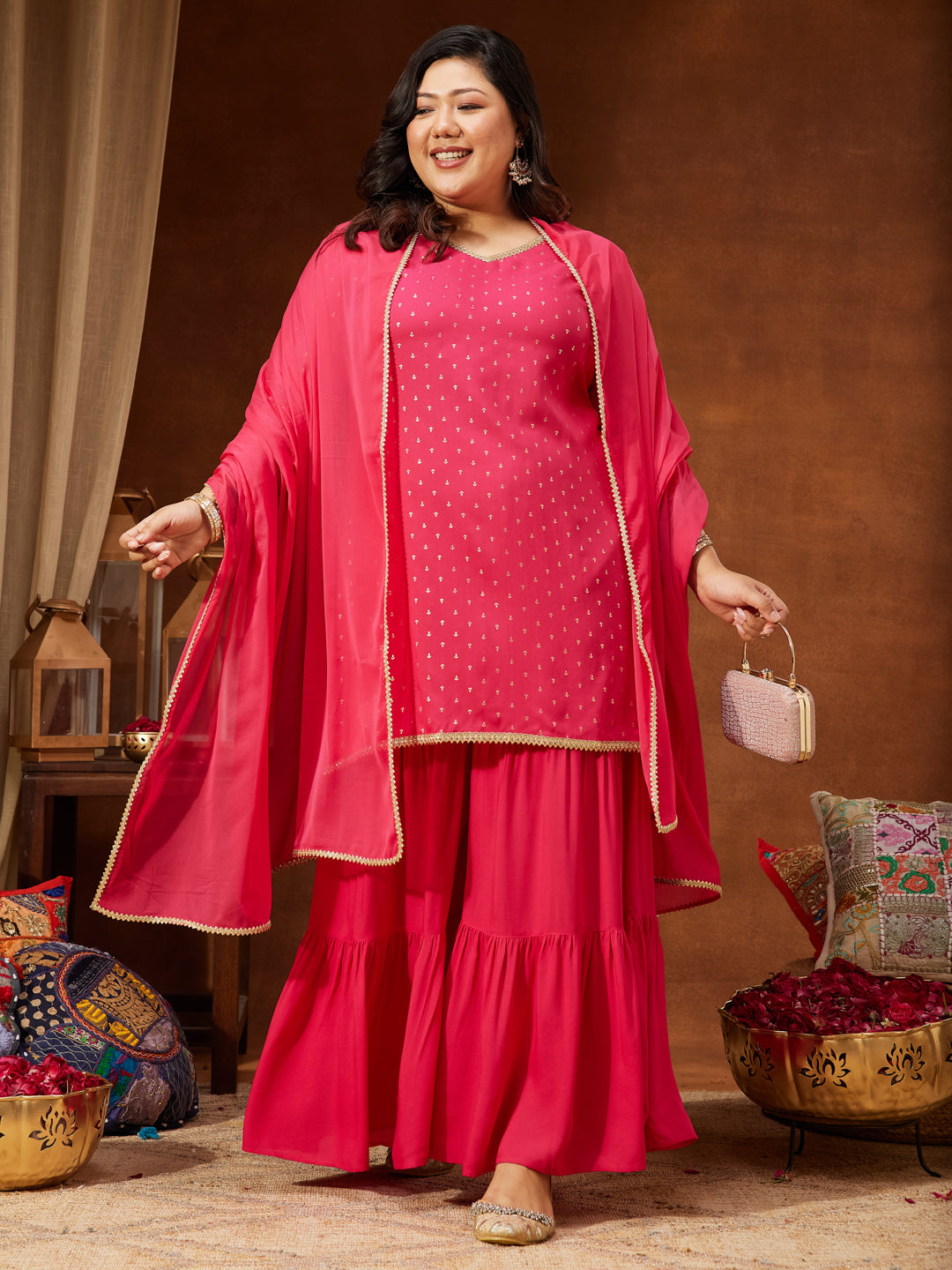 Women's Plus Size Pink Rayon Embellished Gold Printed Straight Kurta With Sharara & Dupatta Set