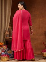 Women's Plus Size Pink Rayon Embellished Gold Printed Straight Kurta With Sharara & Dupatta Set