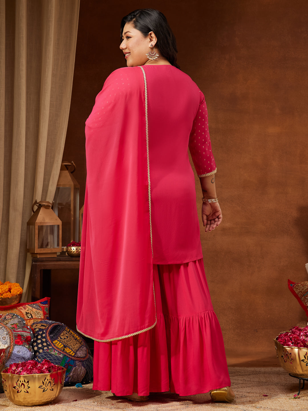 Women's Plus Size Pink Rayon Embellished Gold Printed Straight Kurta With Sharara & Dupatta Set