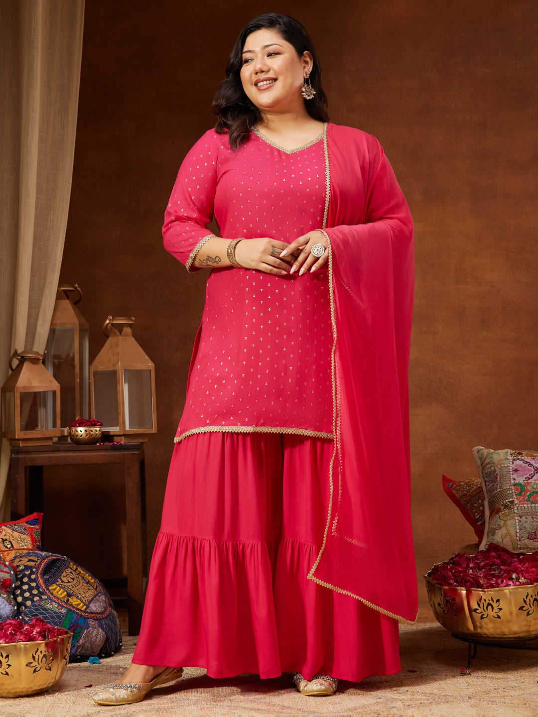 Women's Plus Size Pink Rayon Embellished Gold Printed Straight Kurta With Sharara & Dupatta Set