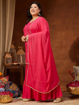 Women's Plus Size Pink Rayon Embellished Gold Printed Straight Kurta With Sharara & Dupatta Set