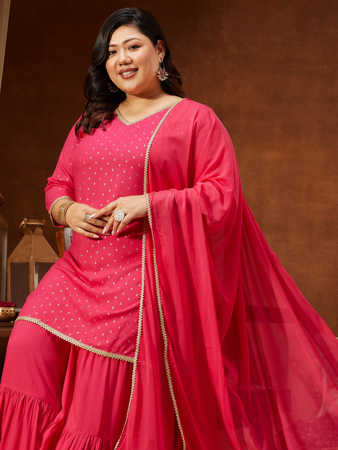 Women's Plus Size Pink Rayon Embellished Gold Printed Straight Kurta With Sharara & Dupatta Set