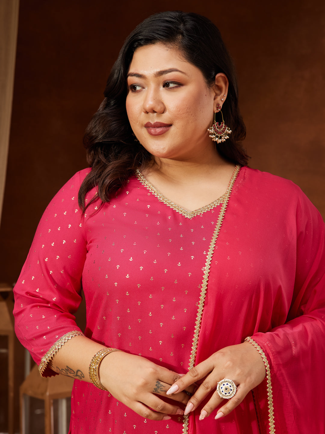 Women's Plus Size Pink Rayon Embellished Gold Printed Straight Kurta With Sharara & Dupatta Set