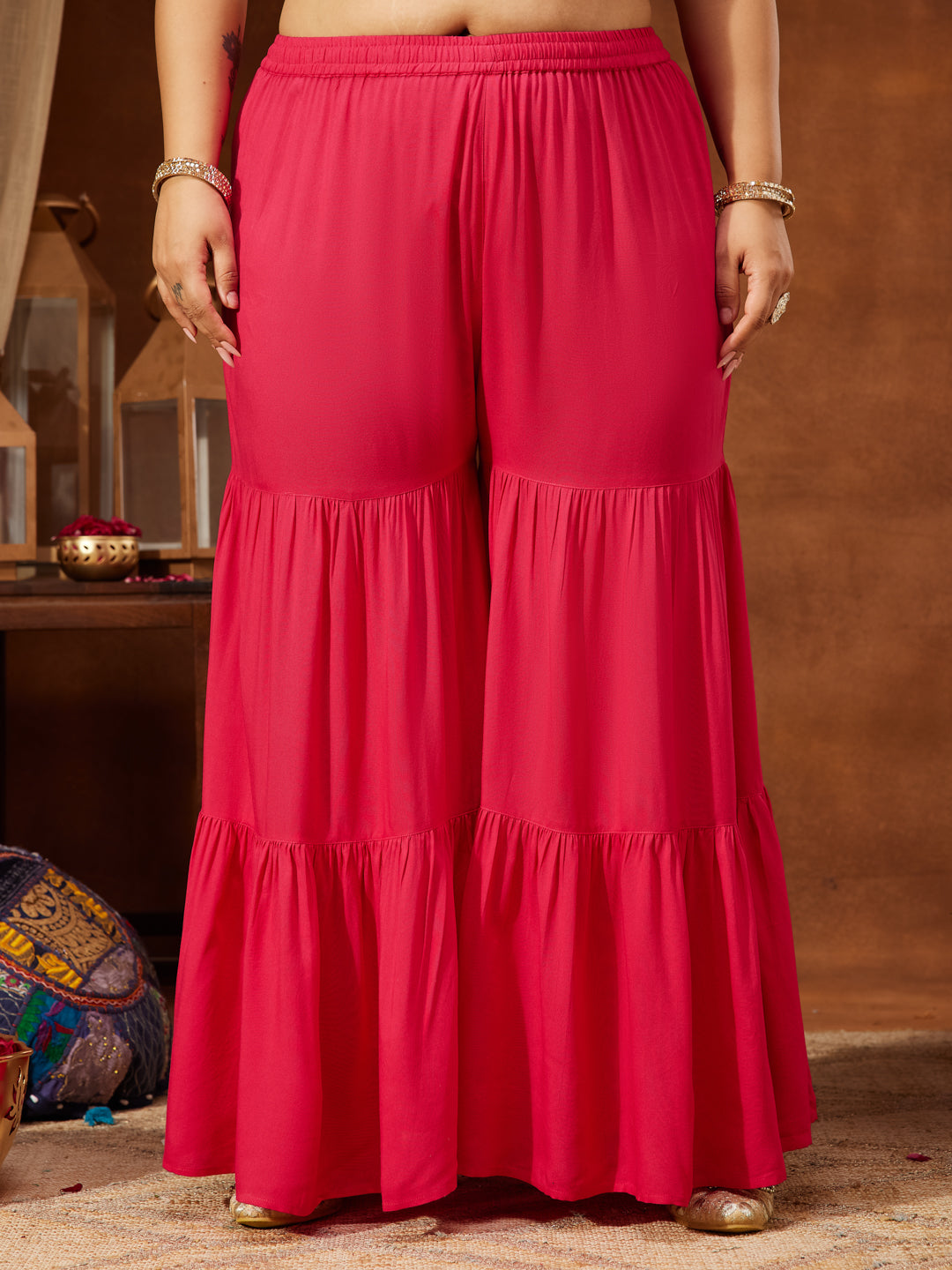 Women's Plus Size Pink Rayon Embellished Gold Printed Straight Kurta With Sharara & Dupatta Set