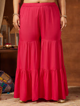 Women's Plus Size Pink Rayon Embellished Gold Printed Straight Kurta With Sharara & Dupatta Set