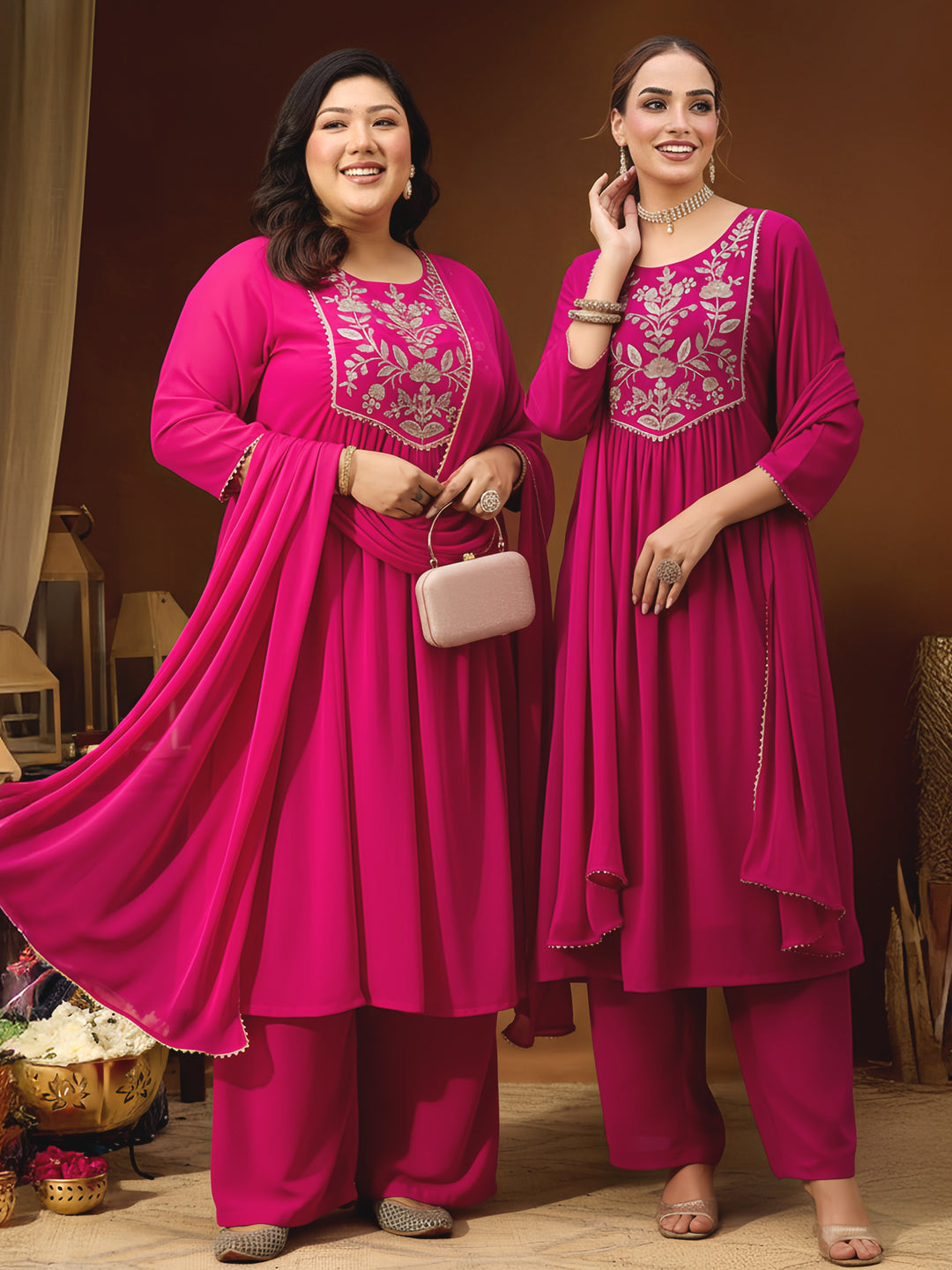 Women's Pink Georgette Embroidered A-line Kurta With Palazzo Dupatta Set