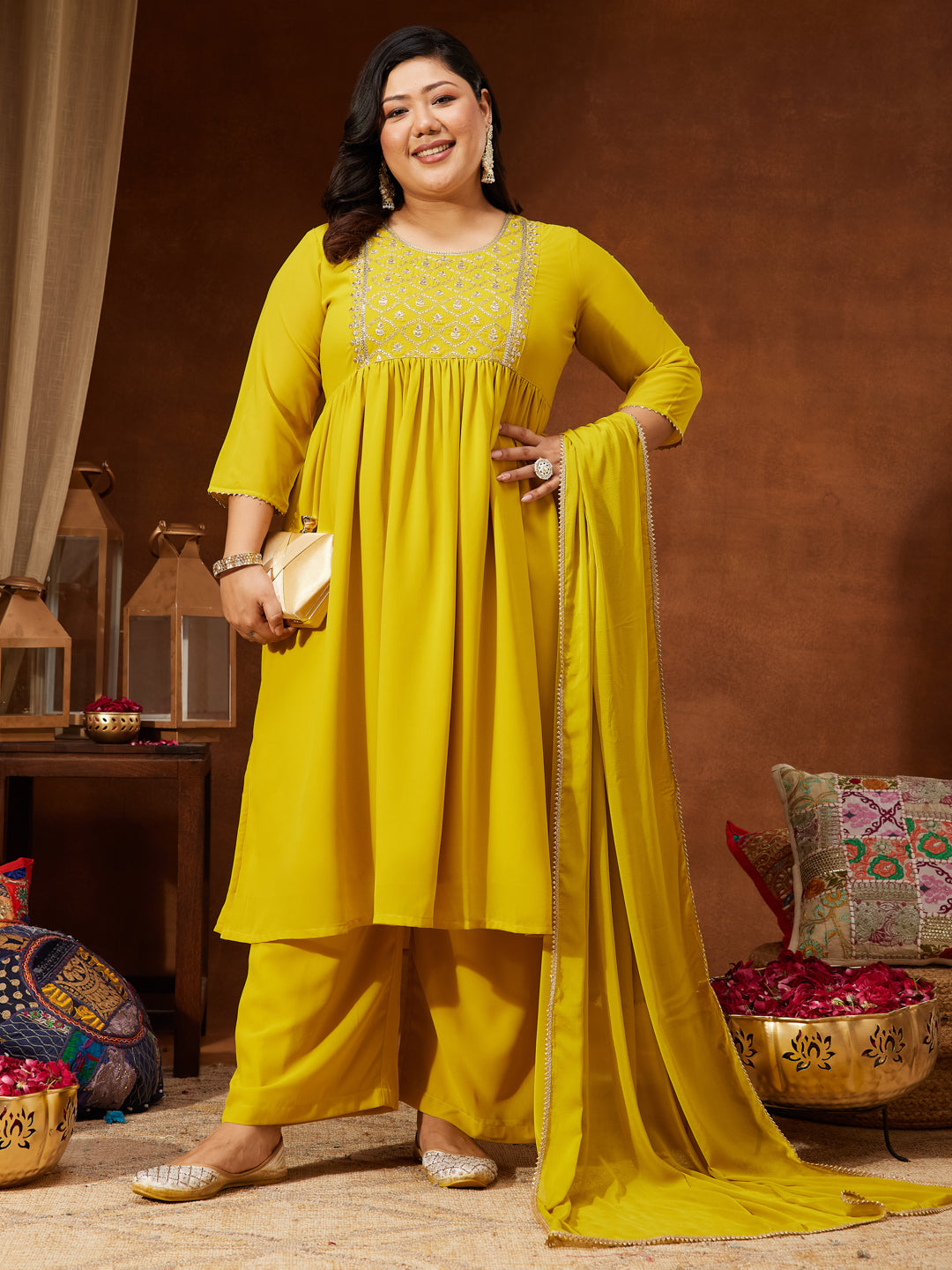 Women's Plus Size Yellow Georgette Yoke Embroidered A-line Kurta With Palazzo & Dupatta Set