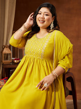 Women's Plus Size Yellow Georgette Yoke Embroidered A-line Kurta With Palazzo & Dupatta Set