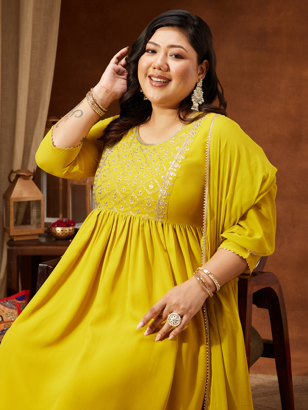 Women's Plus Size Yellow Georgette Yoke Embroidered A-line Kurta With Palazzo & Dupatta Set