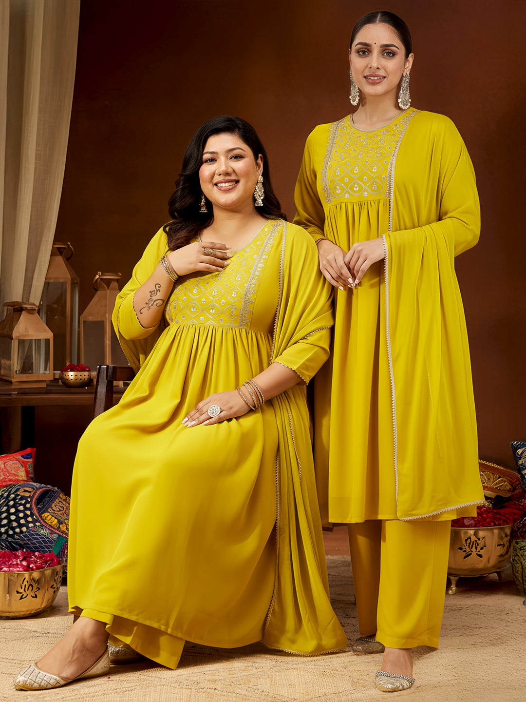 Women's Plus Size Yellow Georgette Yoke Embroidered A-line Kurta With Palazzo & Dupatta Set