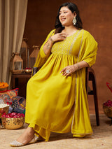 Women's Plus Size Yellow Georgette Yoke Embroidered A-line Kurta With Palazzo & Dupatta Set