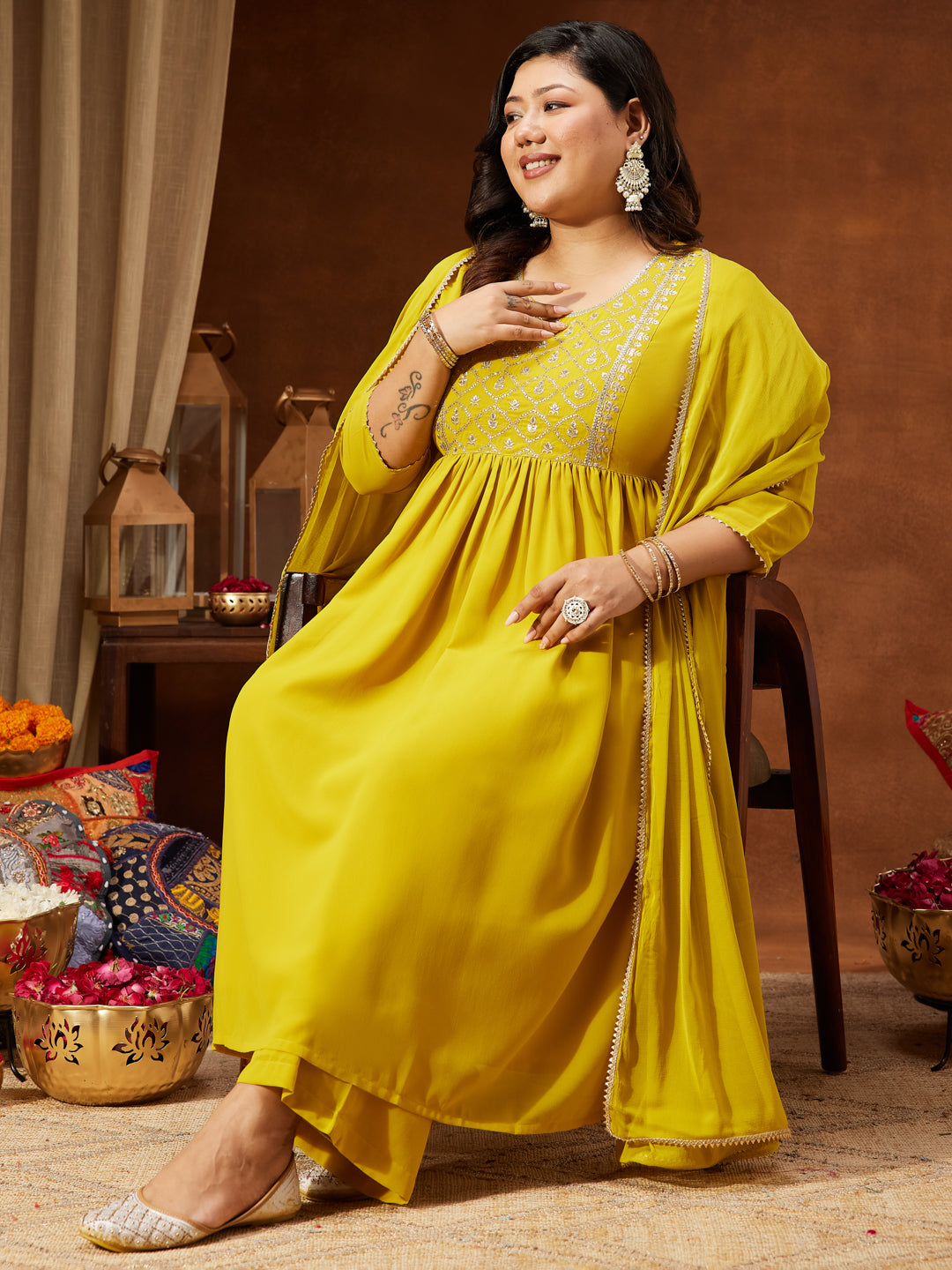Women's Plus Size Yellow Georgette Yoke Embroidered A-line Kurta With Palazzo & Dupatta Set