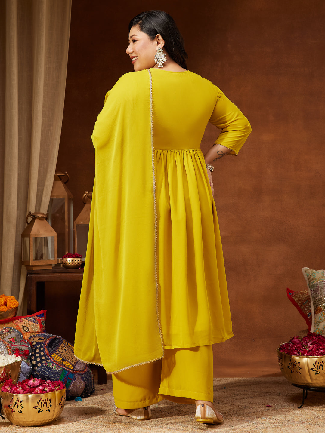 Women's Plus Size Yellow Georgette Yoke Embroidered A-line Kurta With Palazzo & Dupatta Set