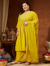 Women's Plus Size Yellow Georgette Yoke Embroidered A-line Kurta With Palazzo & Dupatta Set