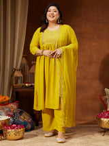 Women's Plus Size Yellow Georgette Yoke Embroidered A-line Kurta With Palazzo & Dupatta Set