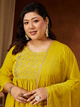 Women's Plus Size Yellow Georgette Yoke Embroidered A-line Kurta With Palazzo & Dupatta Set