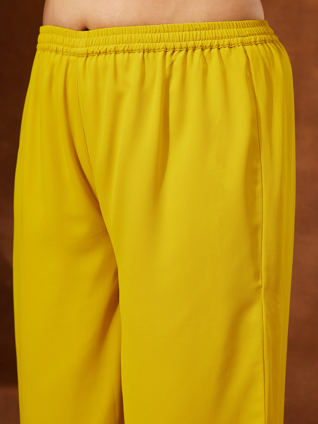 Women's Plus Size Yellow Georgette Yoke Embroidered A-line Kurta With Palazzo & Dupatta Set