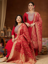 Women's Maroon Silk Blend Zari Embroidered Straight Kurta Set