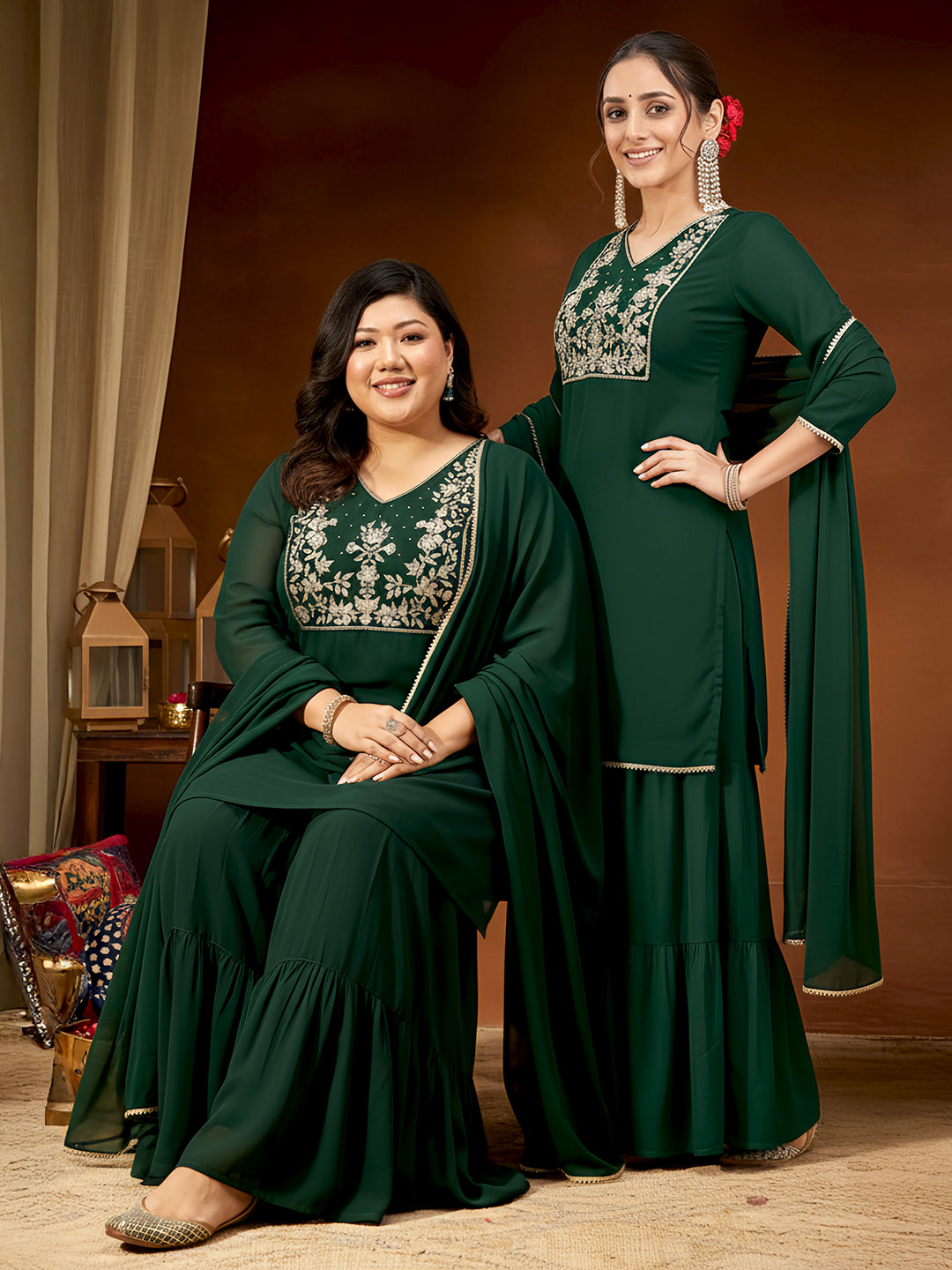 Women's Dark Green Georgette Zari Embroidered Straight Kurta With Palazzo & Dupatta Set