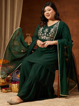 Women's Plus Size Dark Green Georgette Zari Embroidered Straight Kurti With Sharara & Dupatta Set