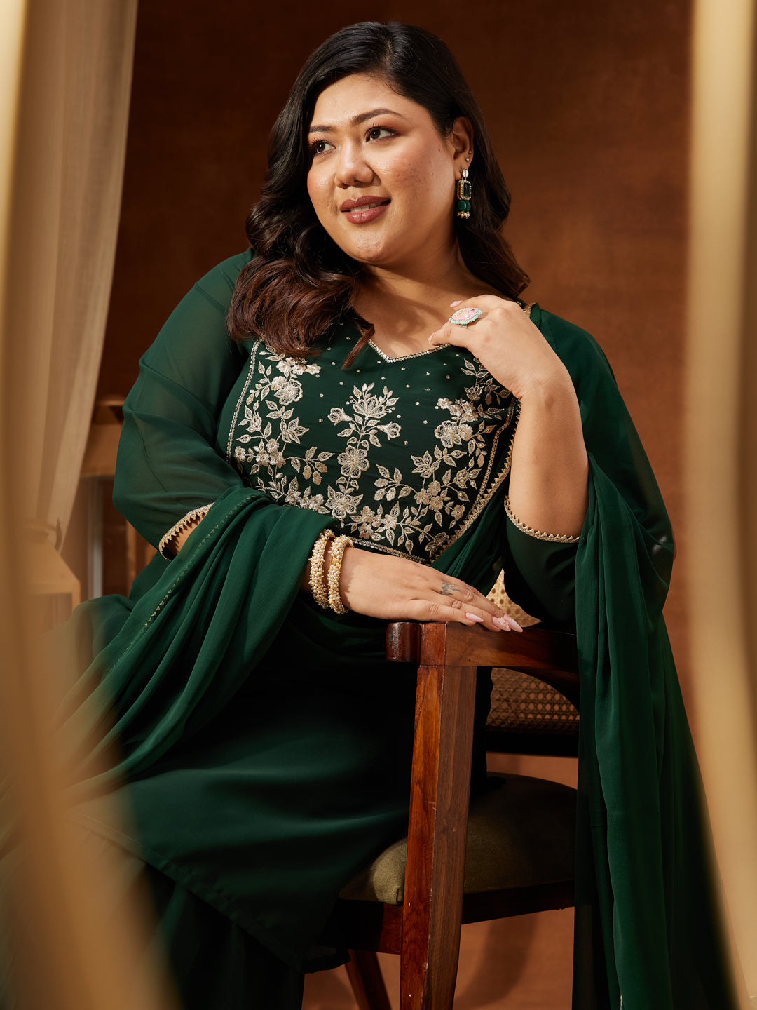 Women's Plus Size Dark Green Georgette Zari Embroidered Straight Kurti With Sharara & Dupatta Set
