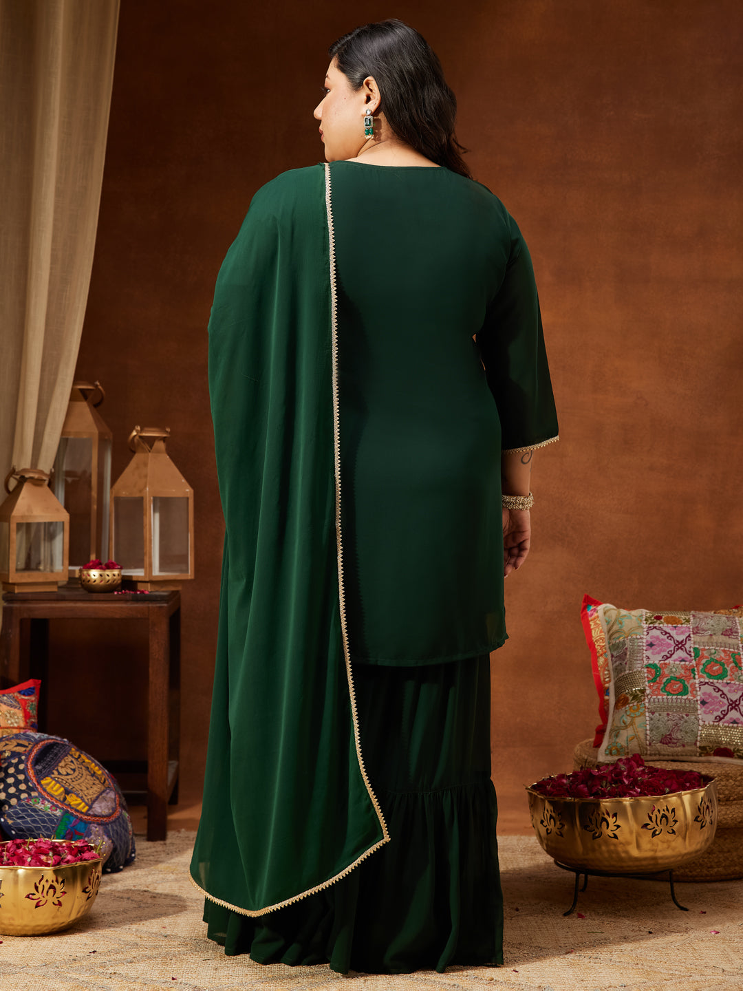 Women's Plus Size Dark Green Georgette Zari Embroidered Straight Kurti With Sharara & Dupatta Set