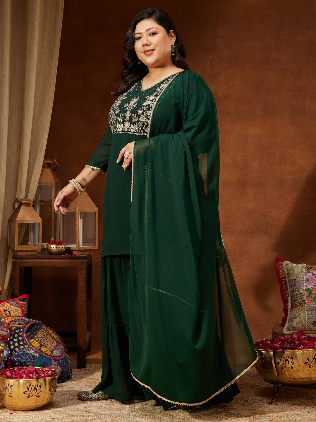 Women's Plus Size Dark Green Georgette Zari Embroidered Straight Kurti With Sharara & Dupatta Set