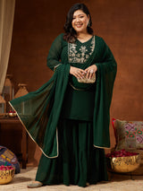 Women's Plus Size Dark Green Georgette Zari Embroidered Straight Kurti With Sharara & Dupatta Set
