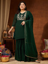 Women's Plus Size Dark Green Georgette Zari Embroidered Straight Kurti With Sharara & Dupatta Set