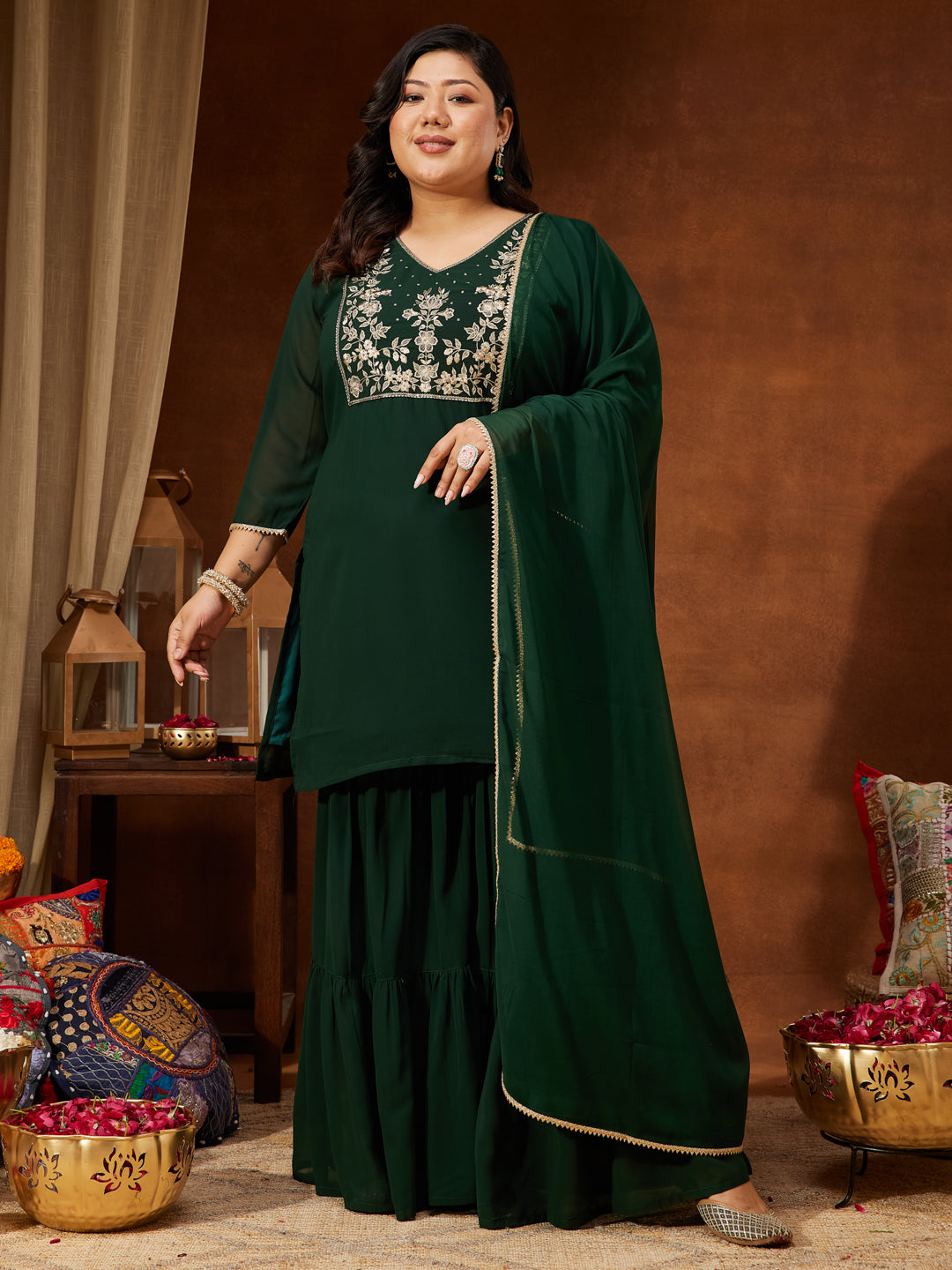 Women's Plus Size Dark Green Georgette Zari Embroidered Straight Kurti With Sharara & Dupatta Set