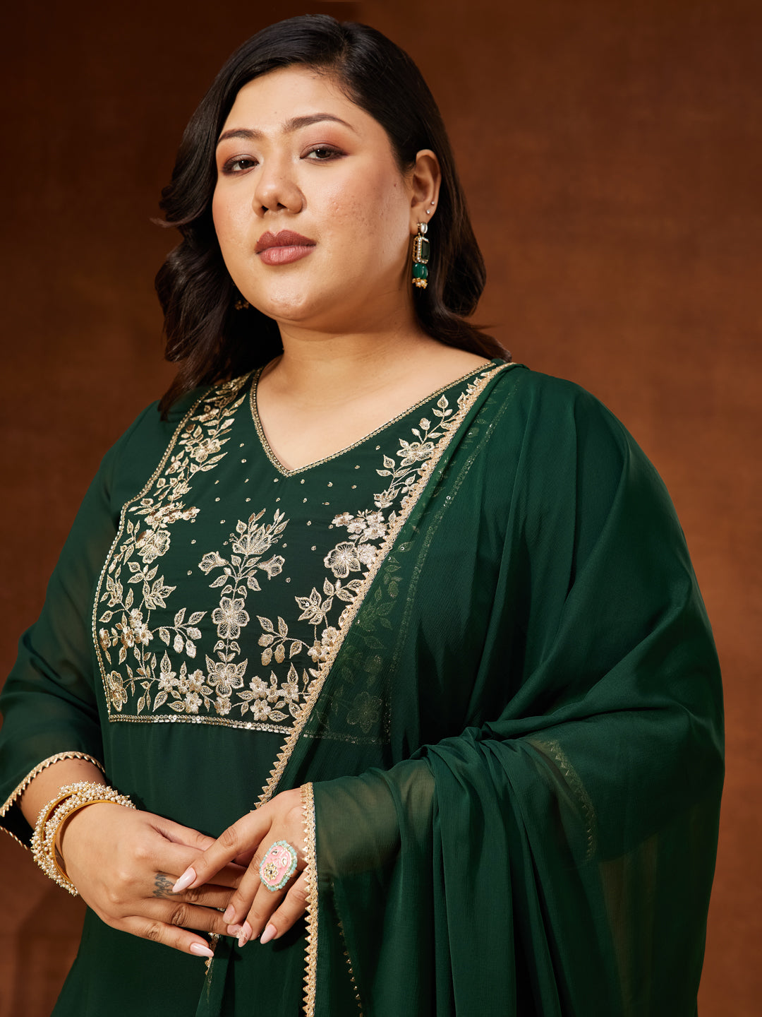 Women's Plus Size Dark Green Georgette Zari Embroidered Straight Kurti With Sharara & Dupatta Set