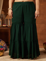 Women's Plus Size Dark Green Georgette Zari Embroidered Straight Kurti With Sharara & Dupatta Set