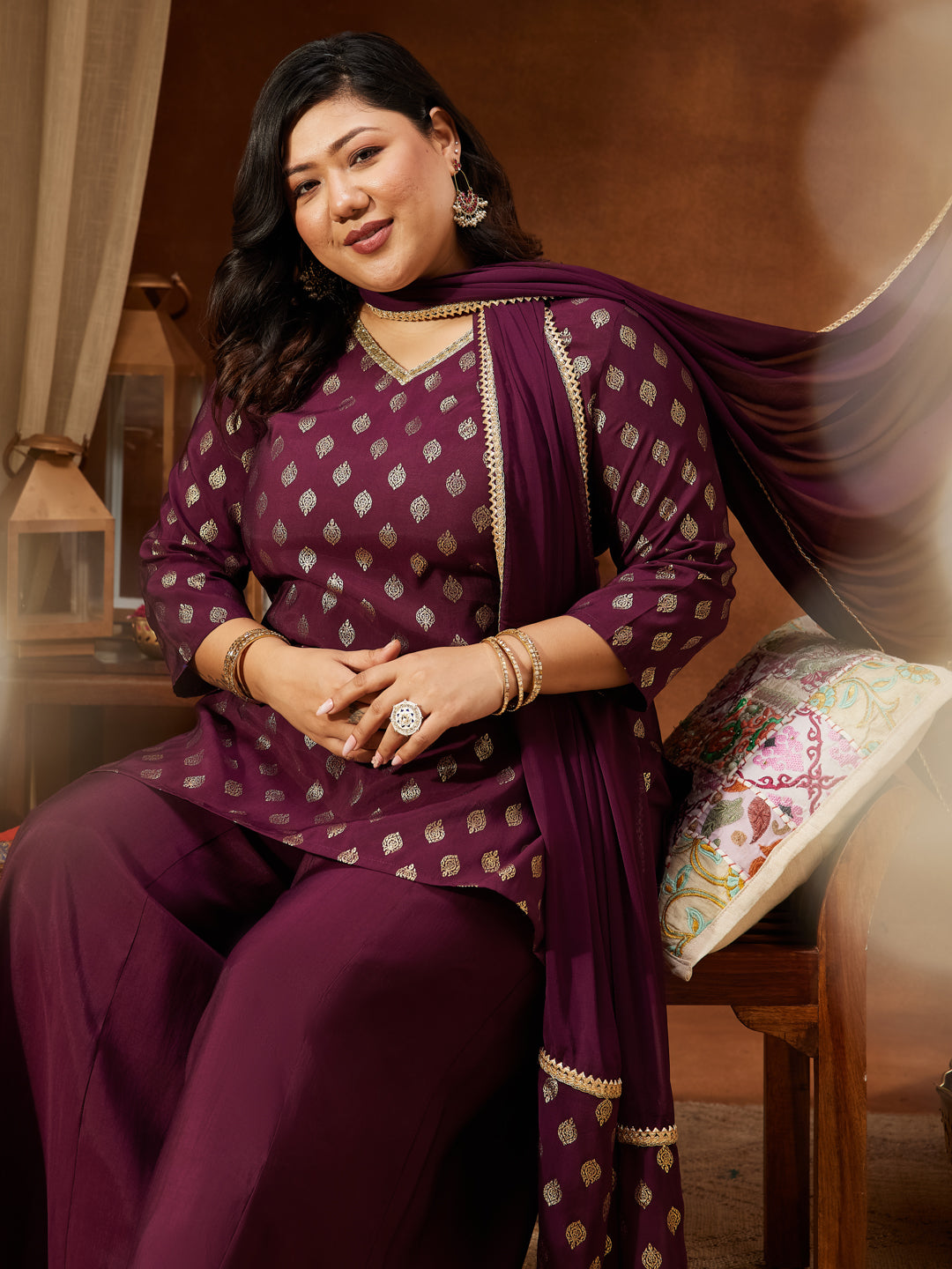 Women's Plus Size Wine Chanderi Silk Embellished Gold Printed Straight Kurta With Sharara & Dupatta Set