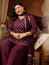 Women's Plus Size Wine Chanderi Silk Embellished Gold Printed Straight Kurta With Sharara & Dupatta Set