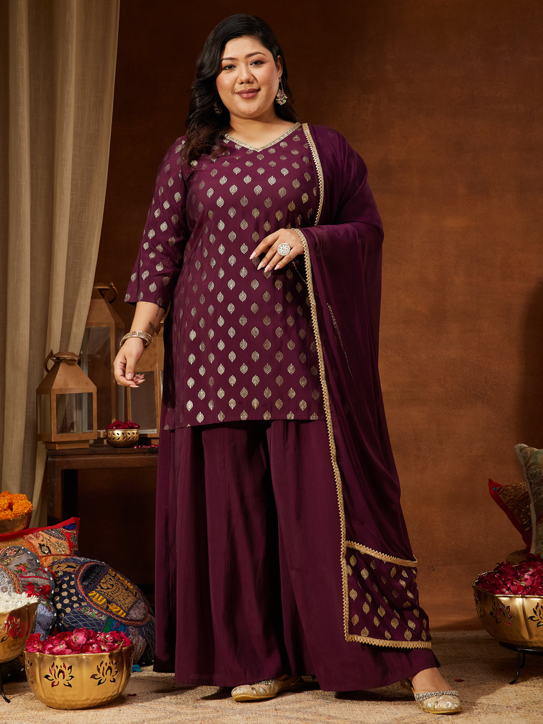 Women's Plus Size Wine Chanderi Silk Embellished Gold Printed Straight Kurta With Sharara & Dupatta Set