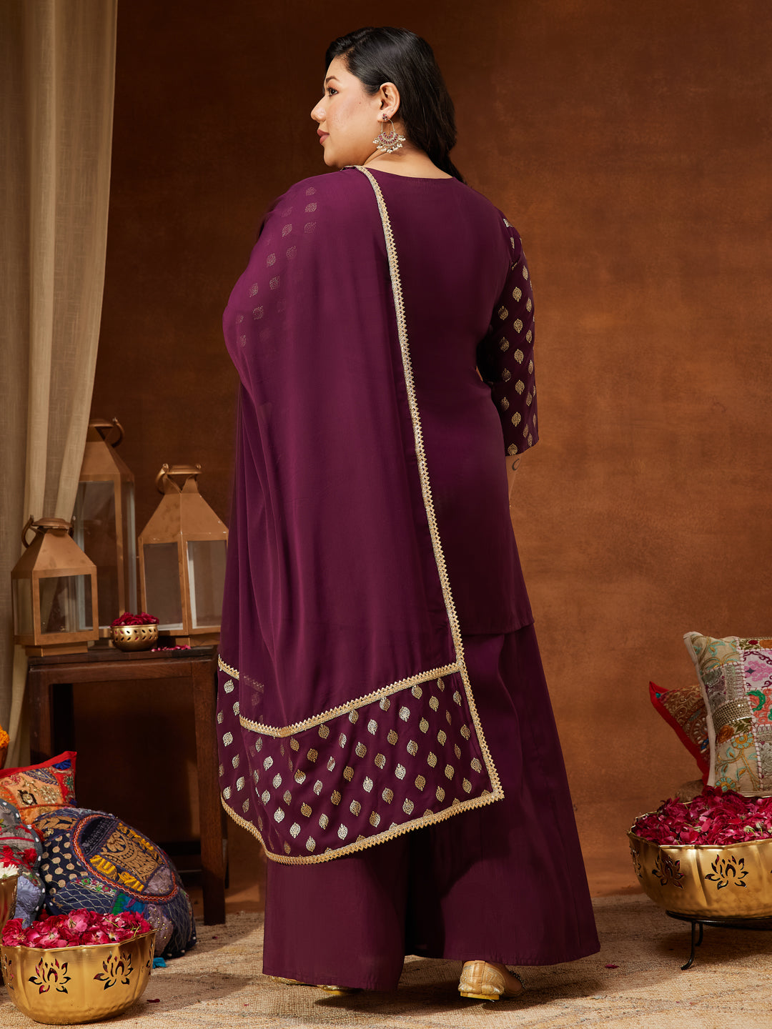 Women's Plus Size Wine Chanderi Silk Embellished Gold Printed Straight Kurta With Sharara & Dupatta Set