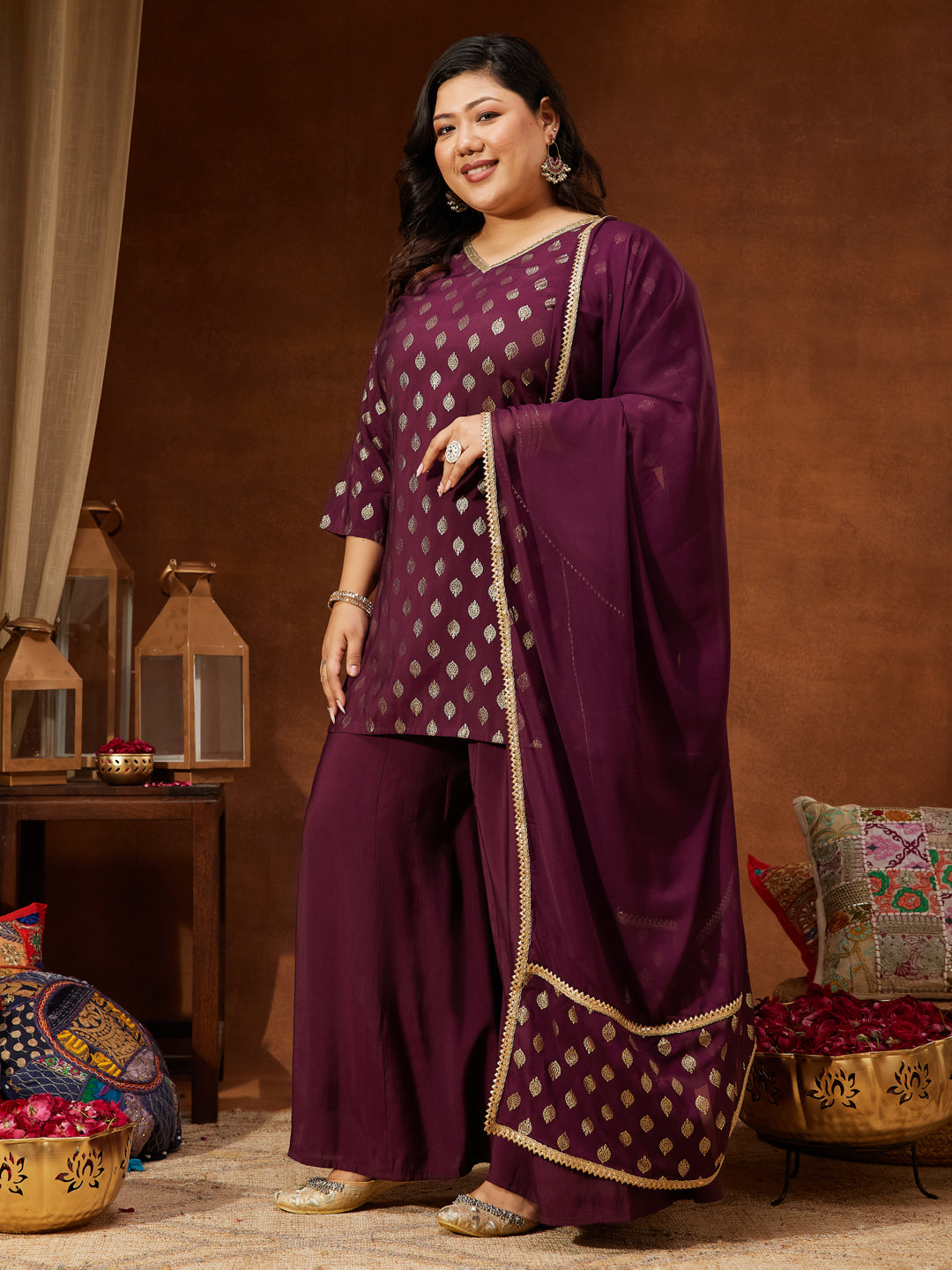 Women's Plus Size Wine Chanderi Silk Embellished Gold Printed Straight Kurta With Sharara & Dupatta Set