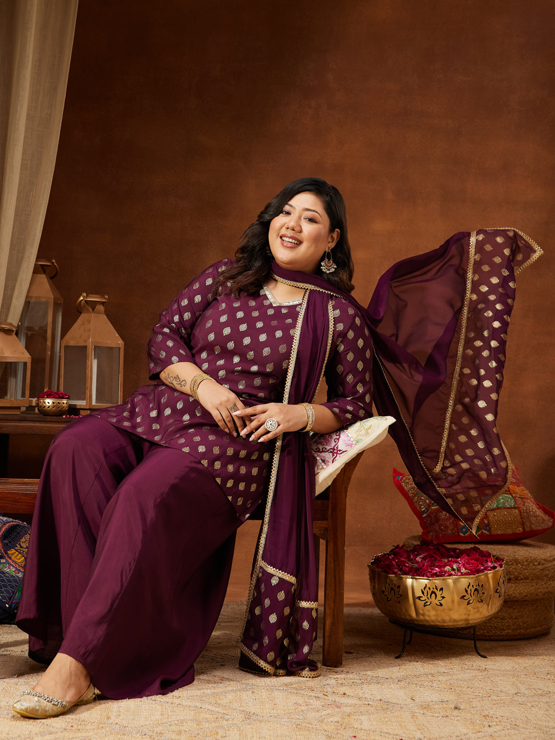 Women's Plus Size Wine Chanderi Silk Embellished Gold Printed Straight Kurta With Sharara & Dupatta Set