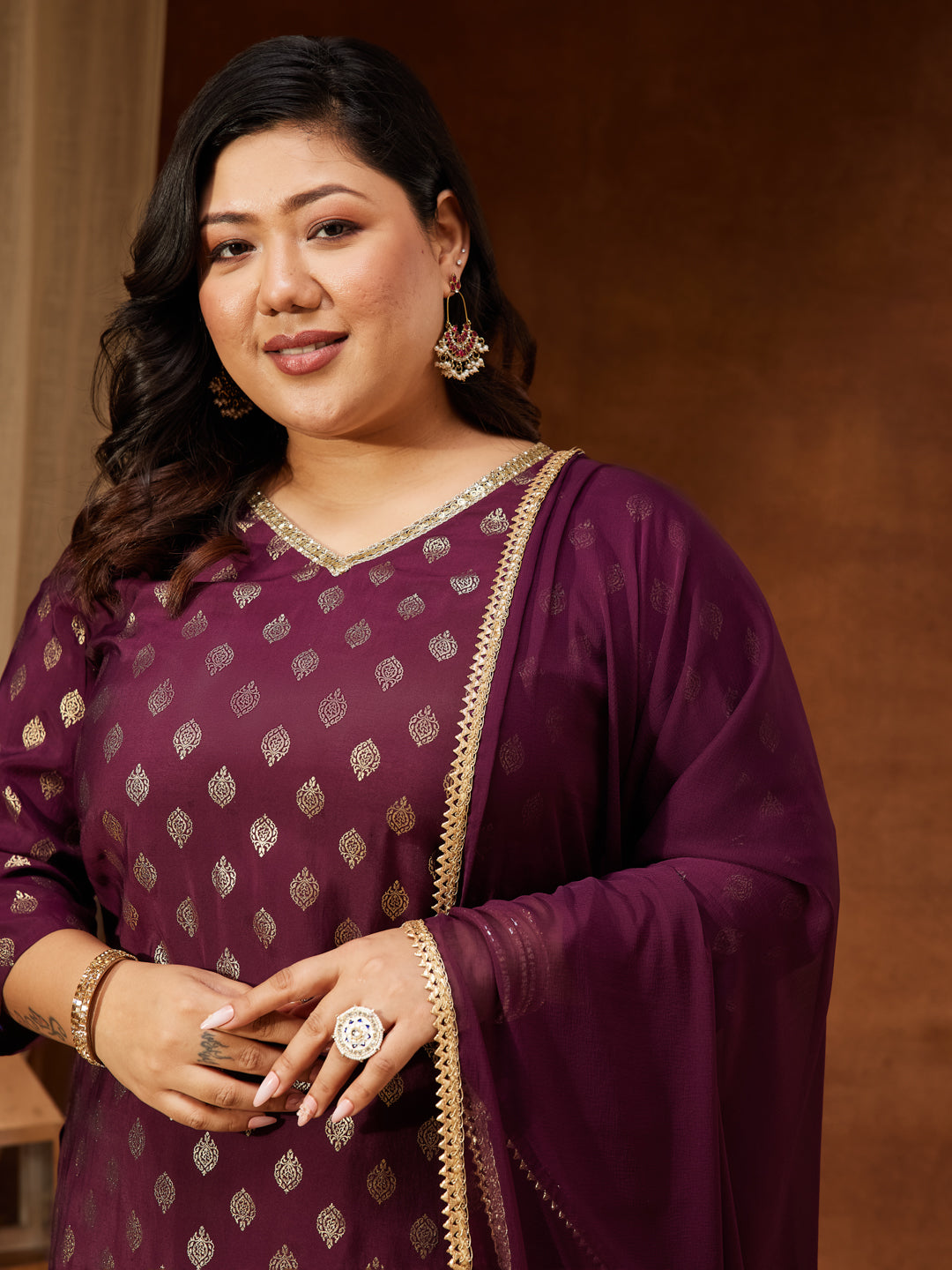 Women's Plus Size Wine Chanderi Silk Embellished Gold Printed Straight Kurta With Sharara & Dupatta Set